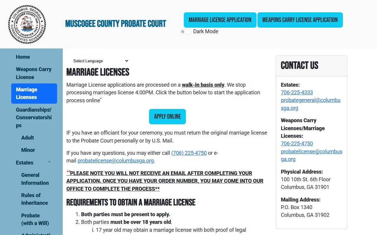 Muscogee County marriage records Probate Court marriage license information