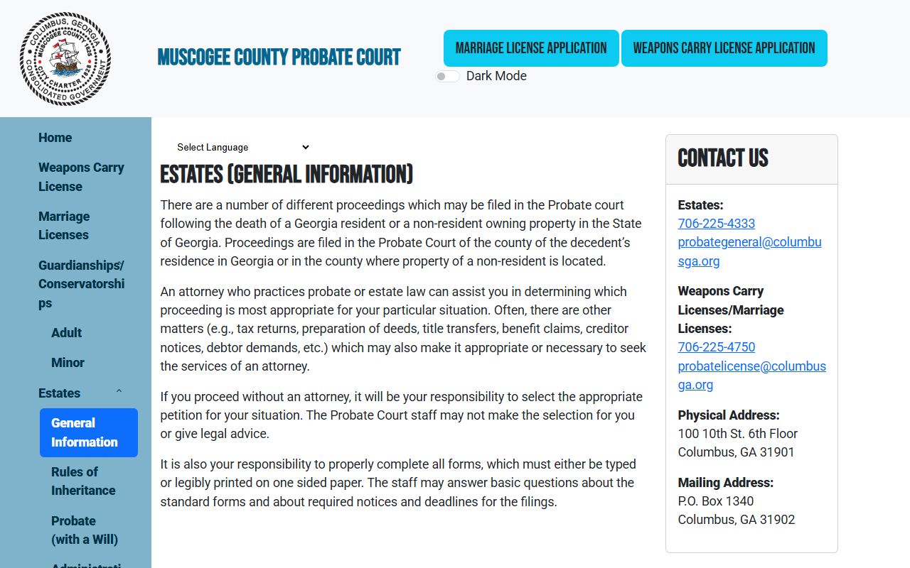 Muscogee County probate records estate general information page