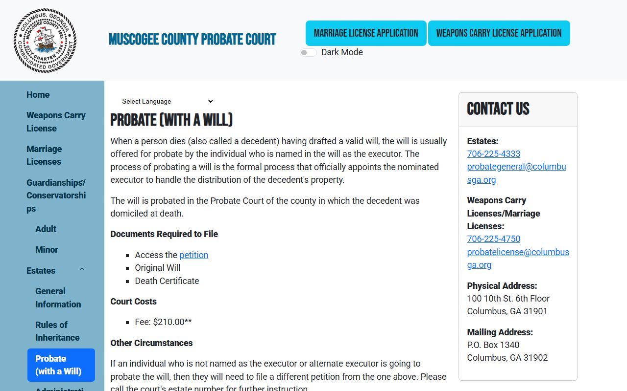 Muscogee County probate records will probate page