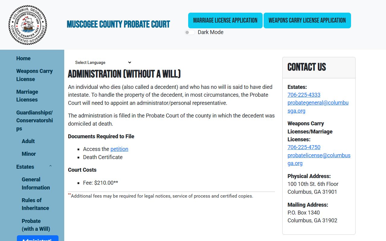 Muscogee County probate records administration without will page