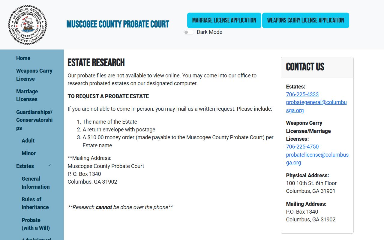 Muscogee County probate records estate research page