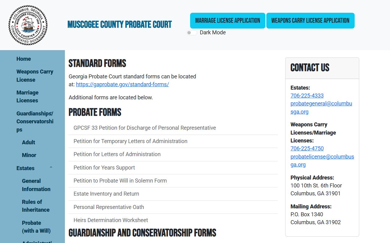 Muscogee County probate records forms page
